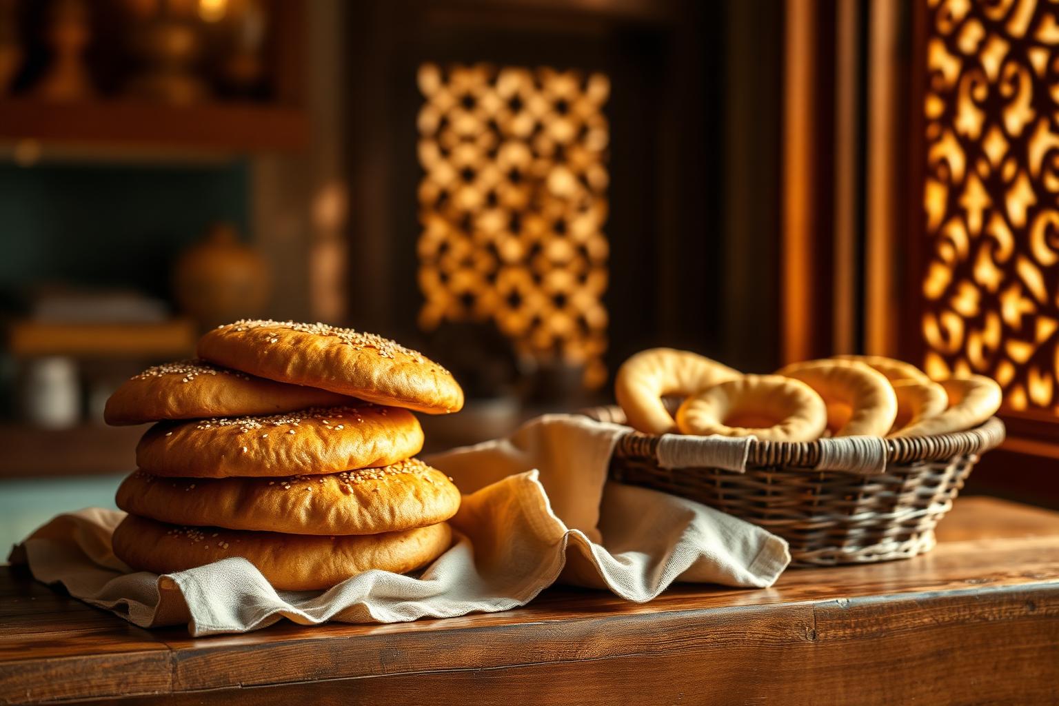 Fresh samoon bread and sesame kaak rings on a wooden bakery counter