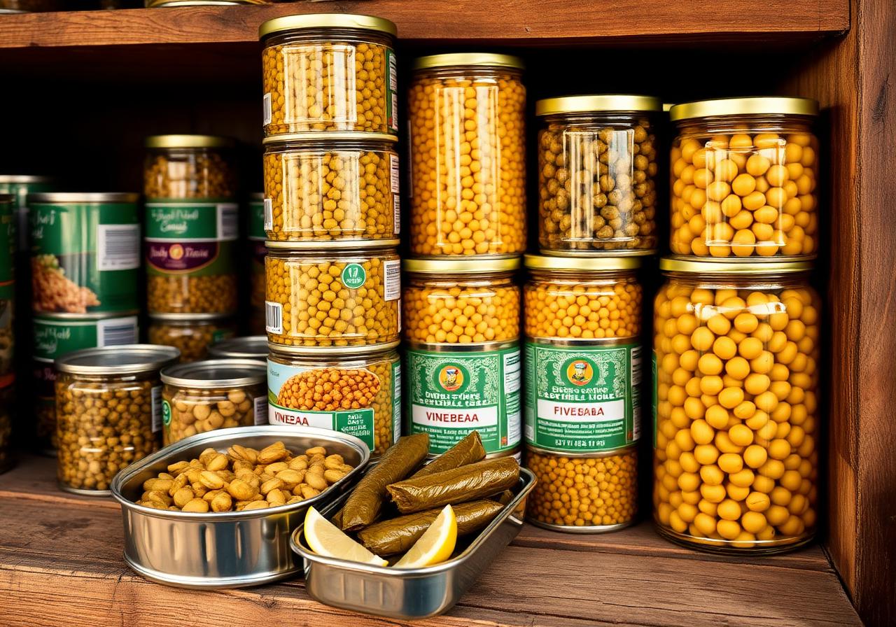 Stacked cans of beans and chickpeas with an open tin of vine leaves