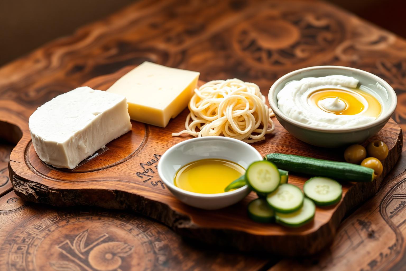 Feta, string cheese and labneh with cucumbers and olives on a wooden board