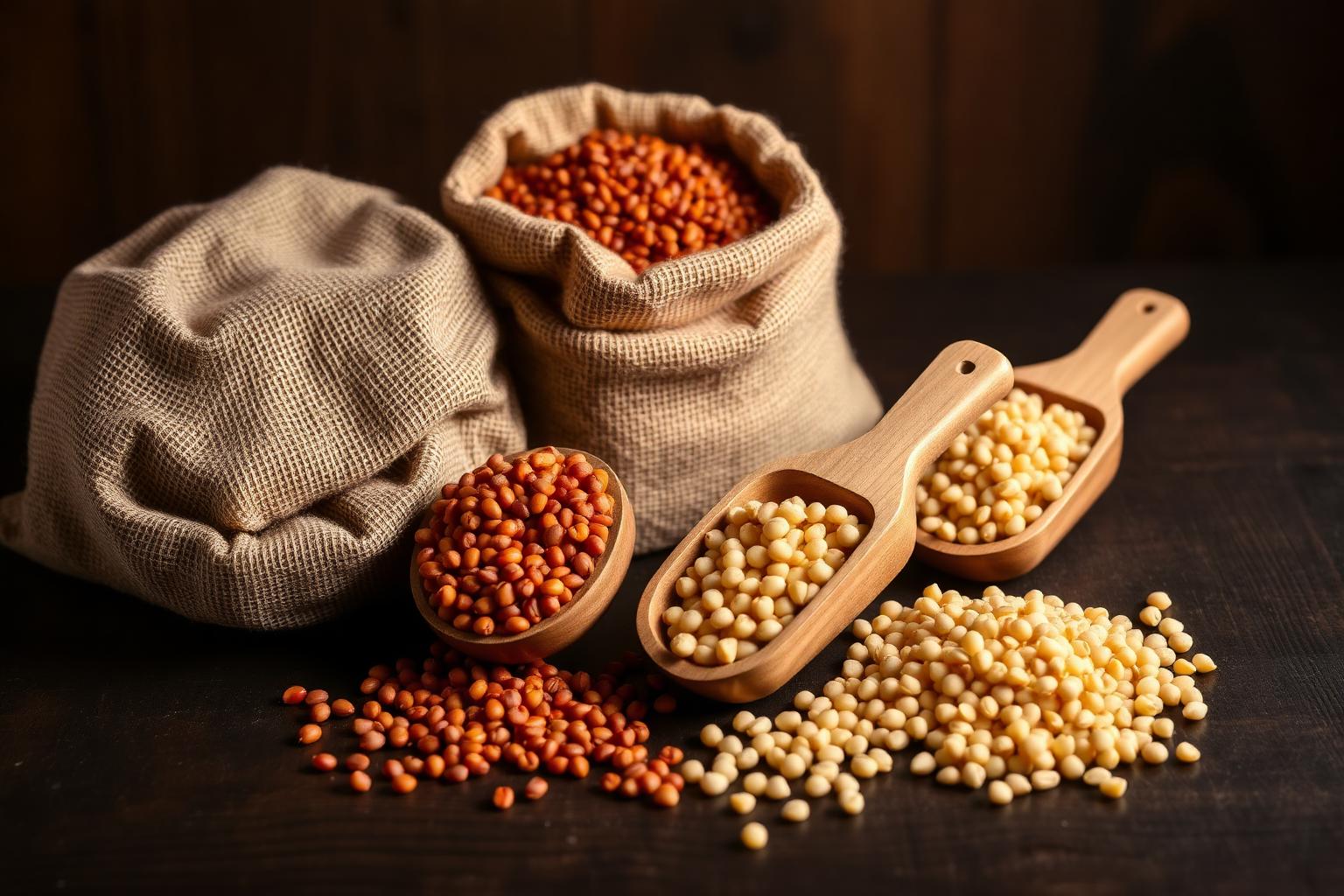 Burlap sacks and wooden scoops of lentils, bulgur and chickpeas