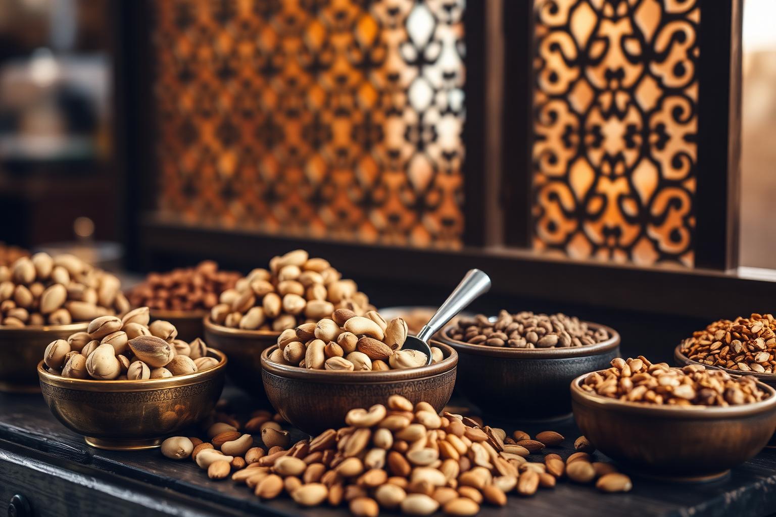 Brass bowls of pistachios, almonds and seeds with a metal scoop