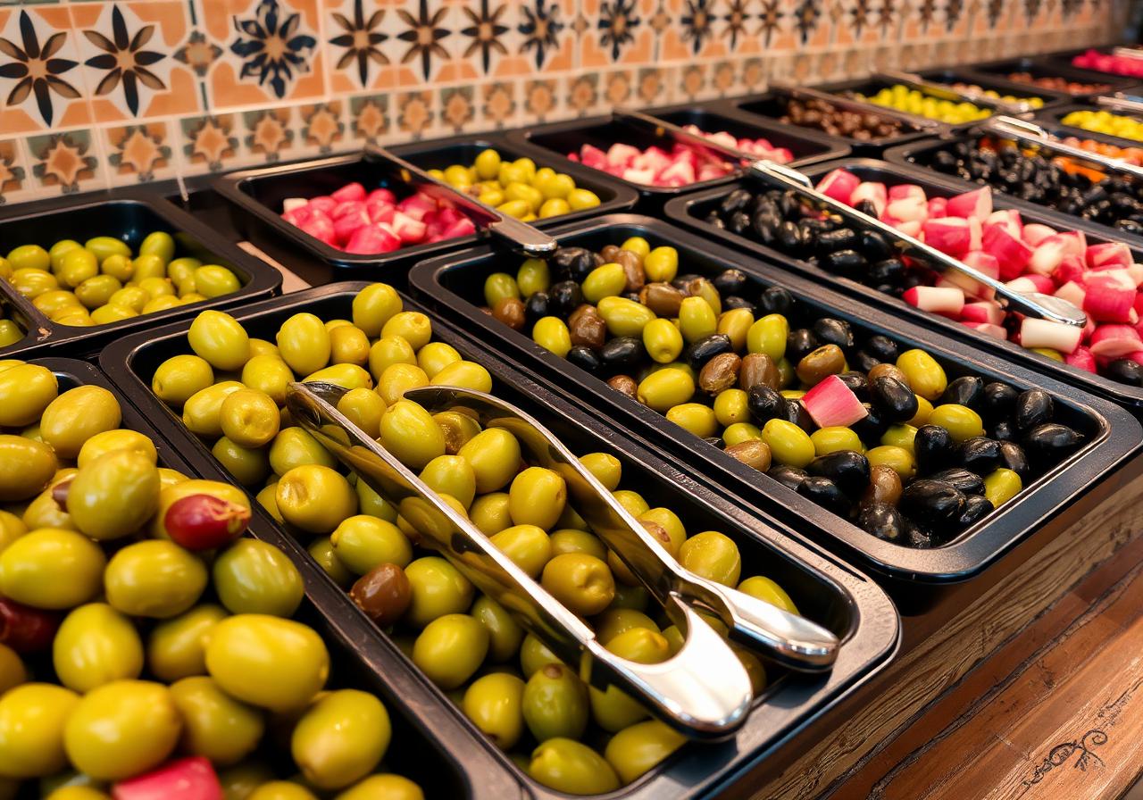 Deli trays of green and black olives with tongs beside pink pickled turnips