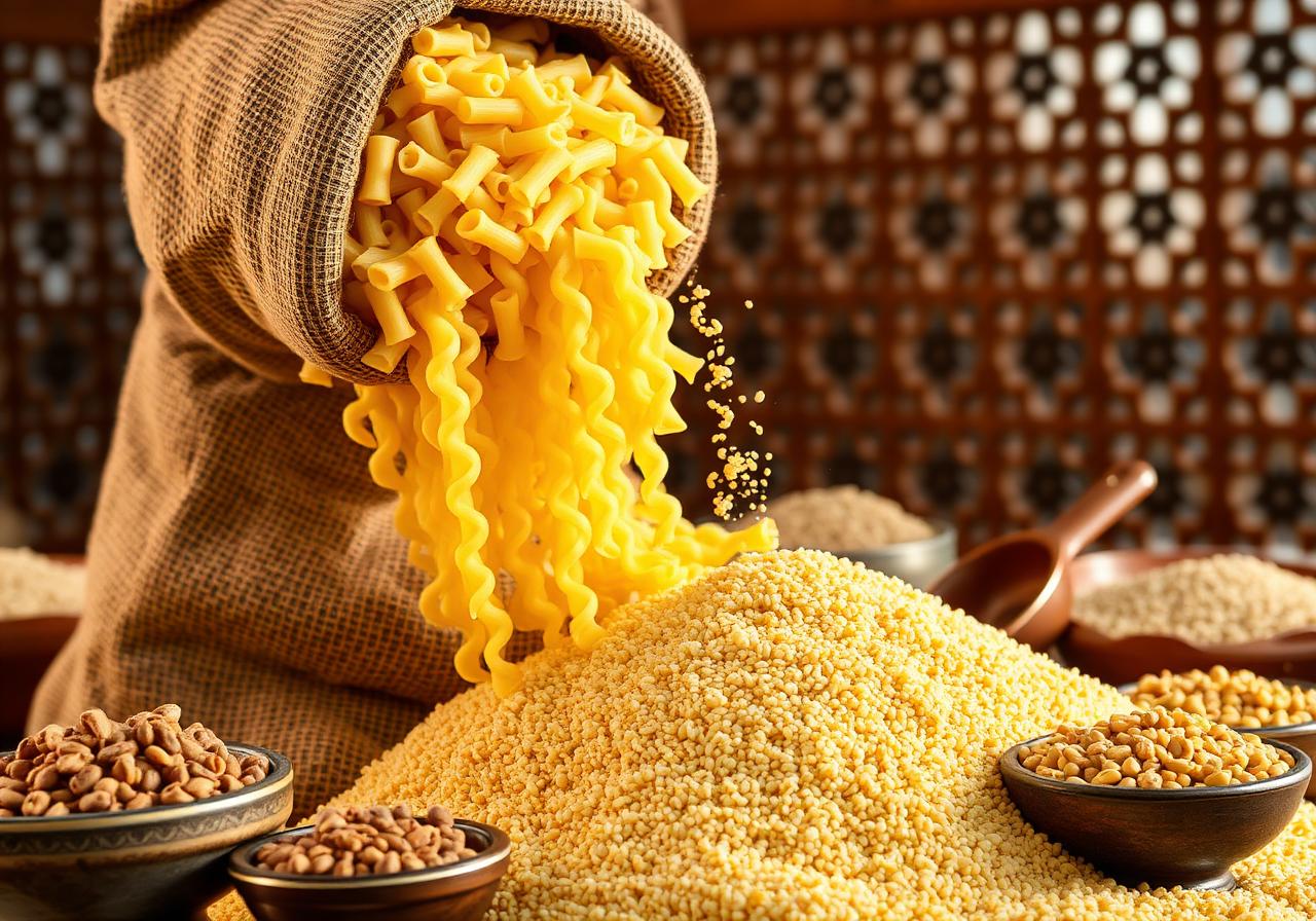 Dry pasta pouring from a burlap sack beside bowls of lentils