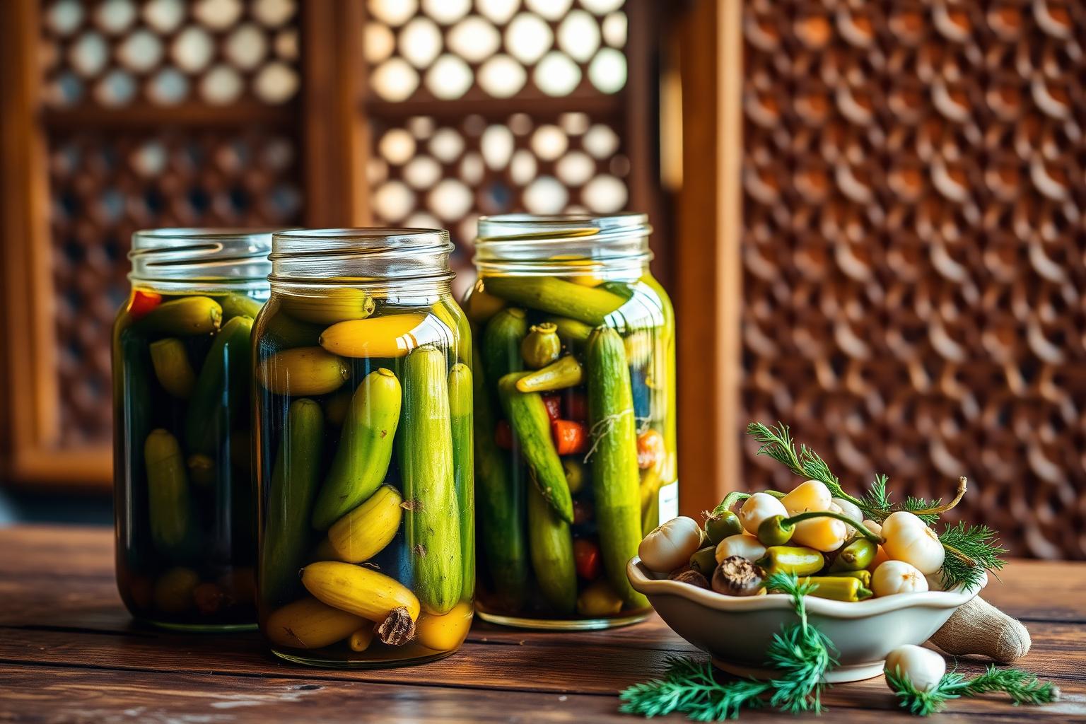 Open jars of pickled cucumbers, peppers and mixed torshi in golden brine