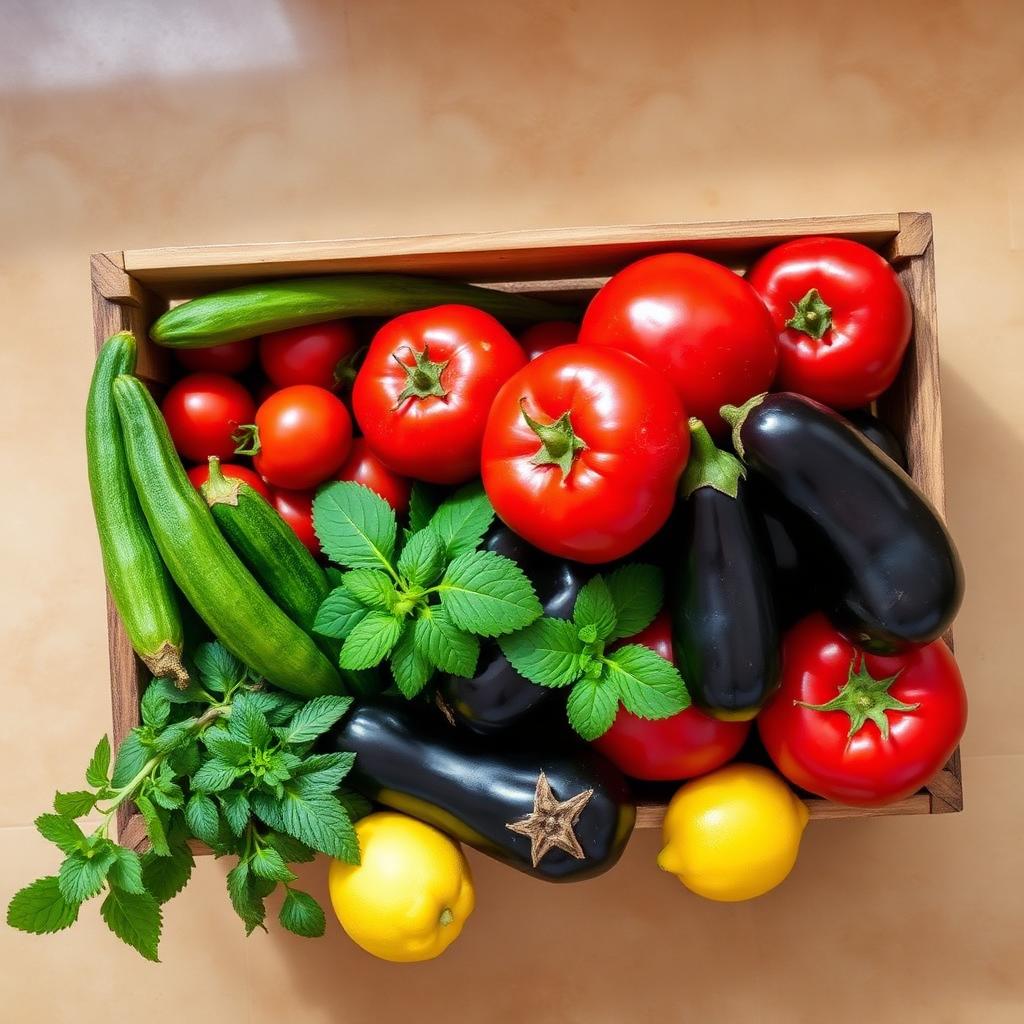 Wooden crate of fresh tomatoes, cucumbers, eggplants, mint and lemons