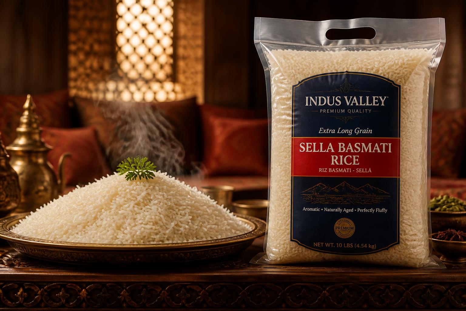 Tray of steaming basmati rice beside a bag of sella basmati