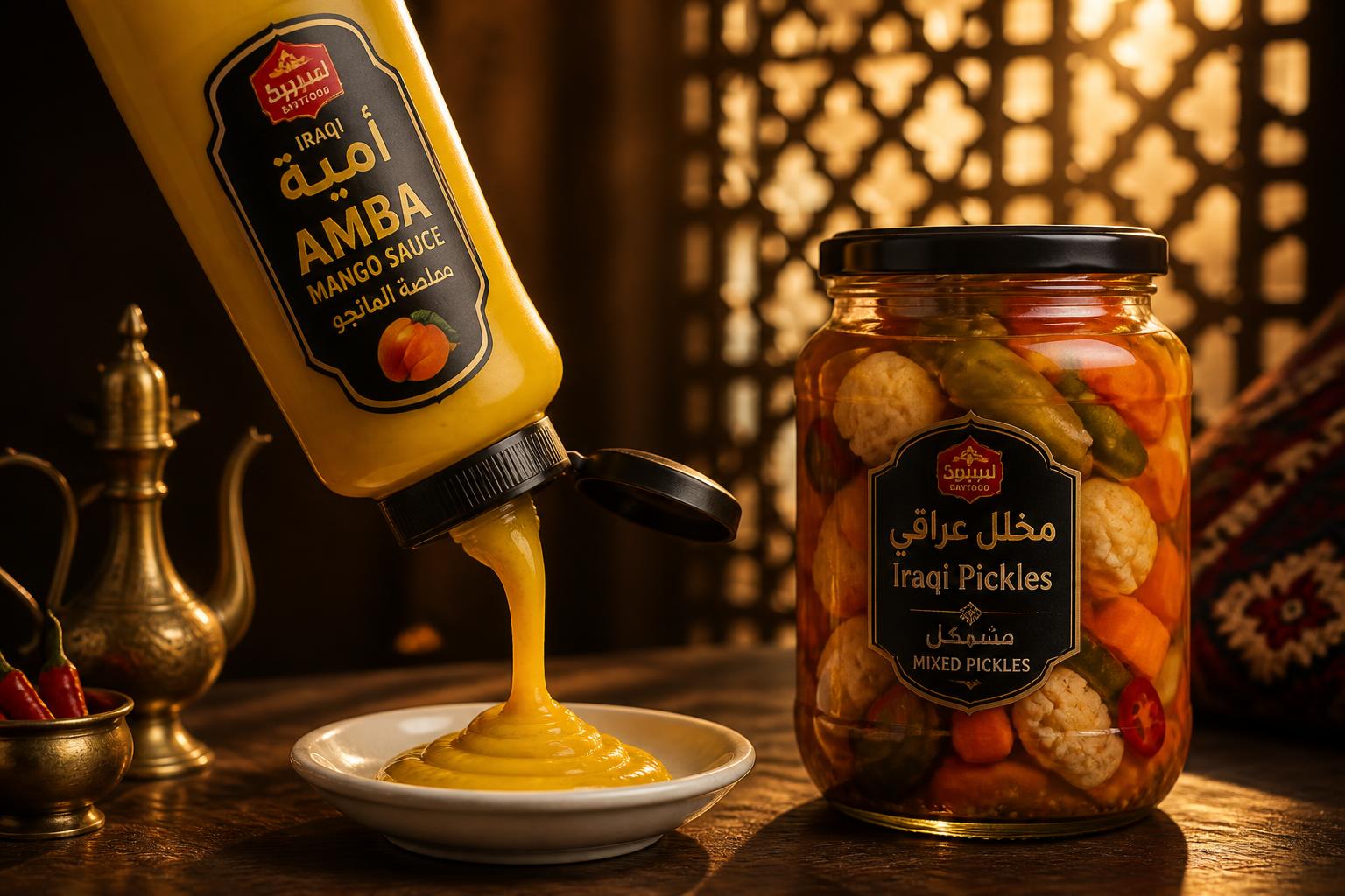 Iraqi amba mango sauce pouring beside a jar of mixed Iraqi pickles