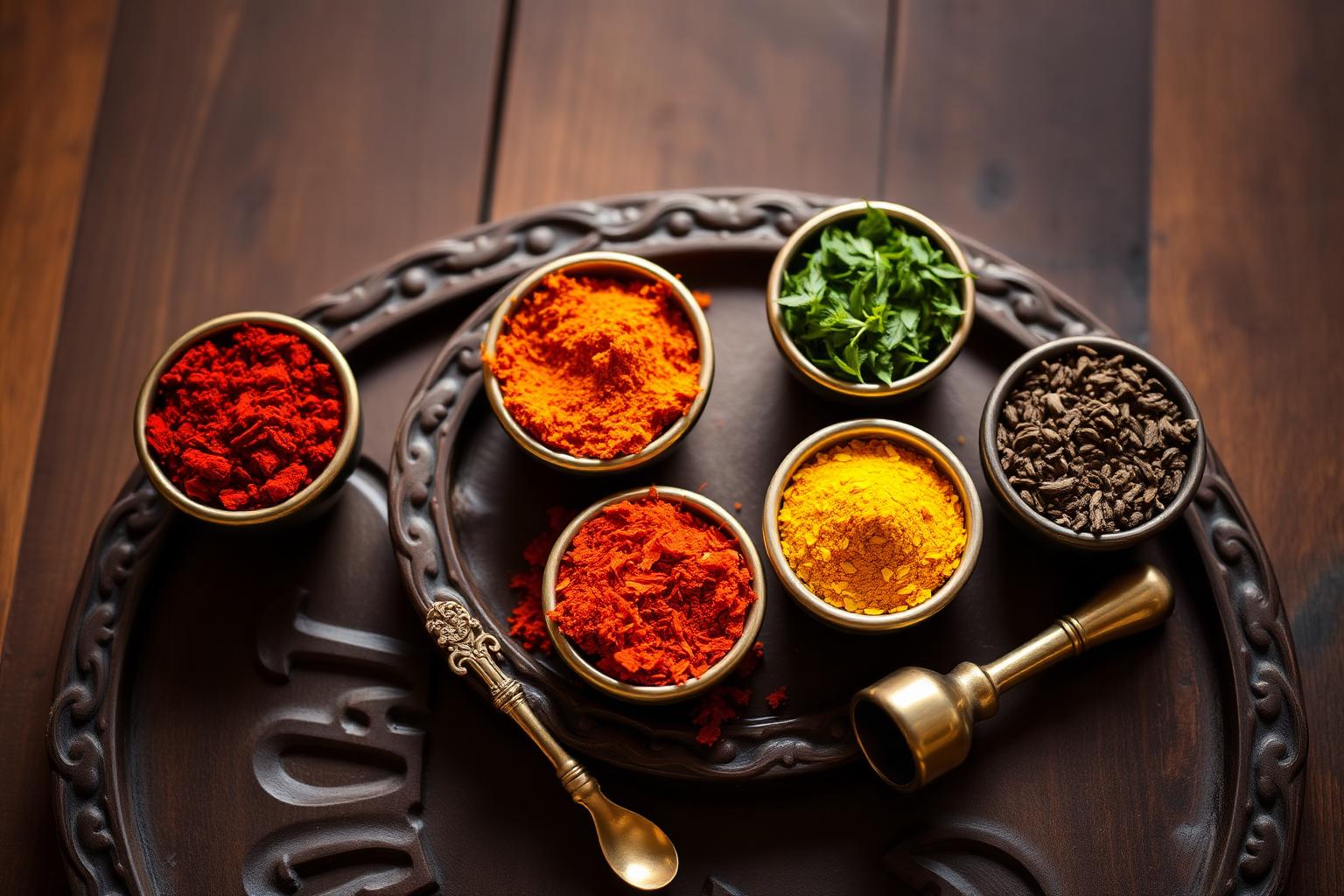 Brass bowls of paprika, turmeric, mint and cumin on a carved wooden tray