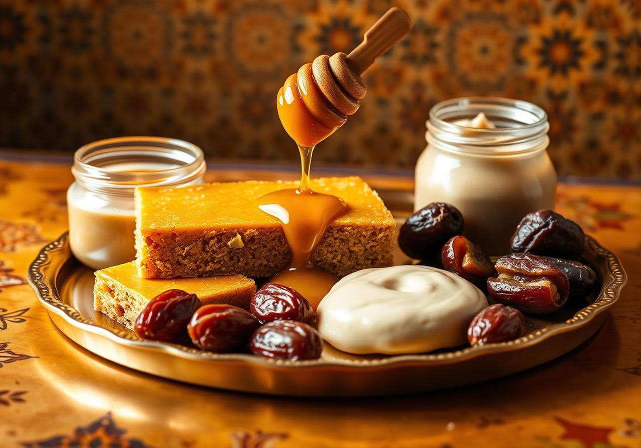 Honey drizzling over halva with dates and tahini on a brass tray