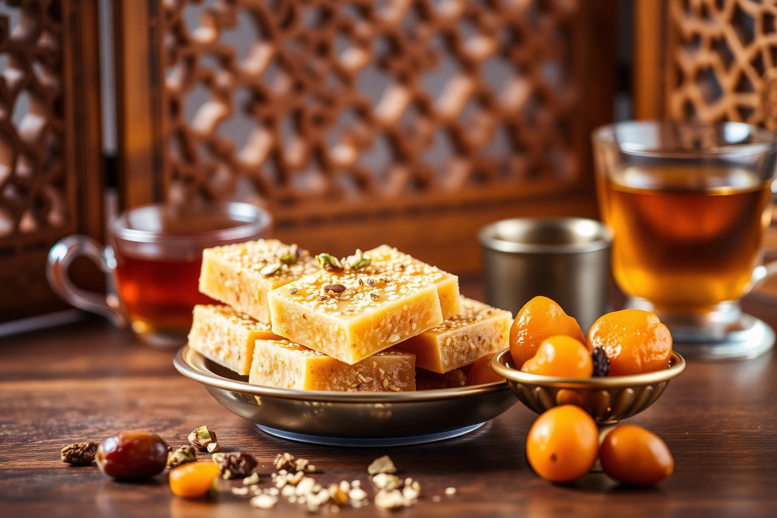 Sesame halva bars with pistachios, dried apricots and a cup of tea