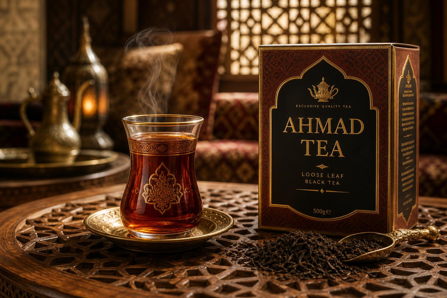 Glass of Arabic tea beside a boxed loose-leaf tea on a carved table