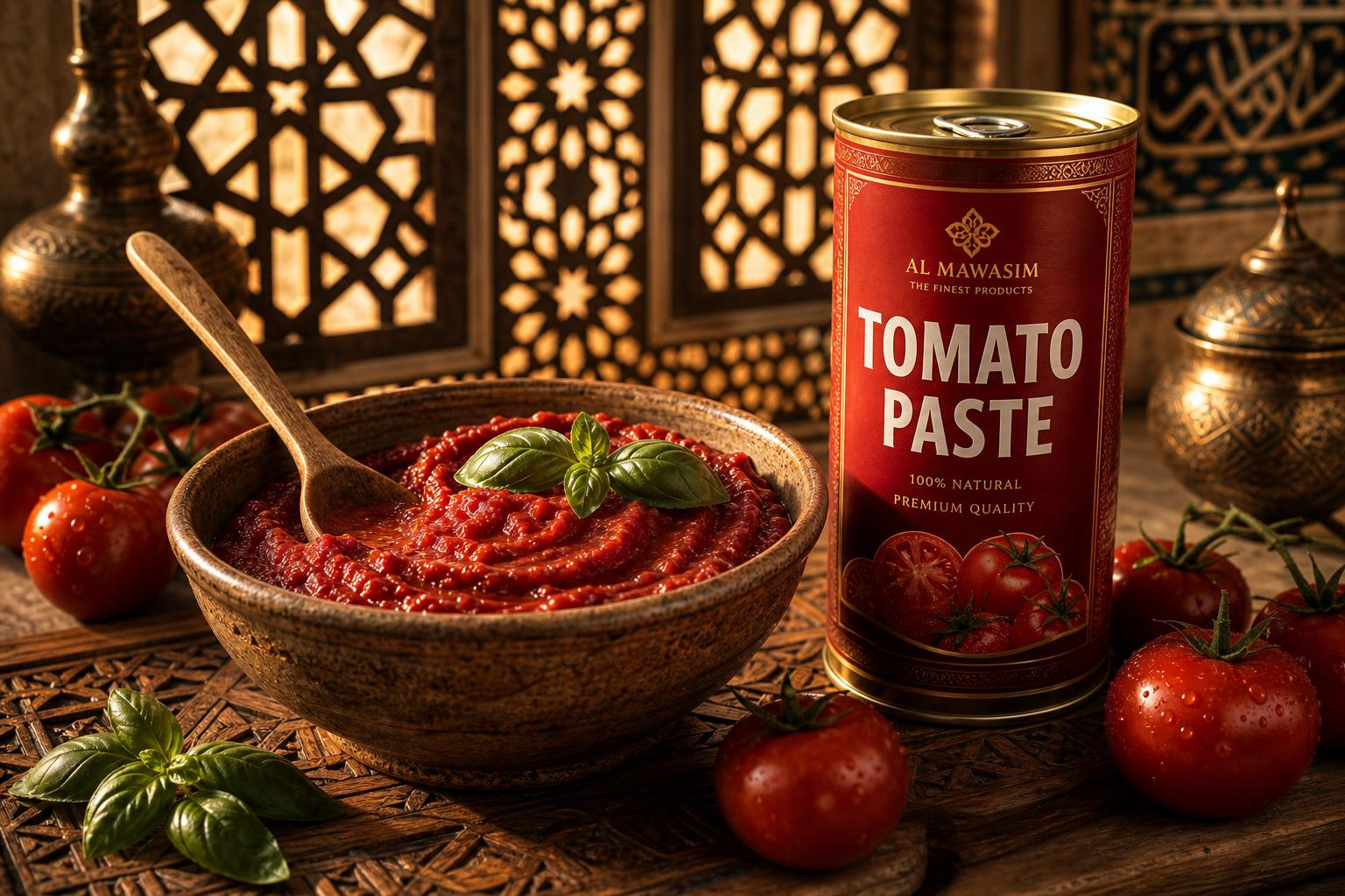 Bowl of tomato sauce beside a tin of tomato paste on a carved table